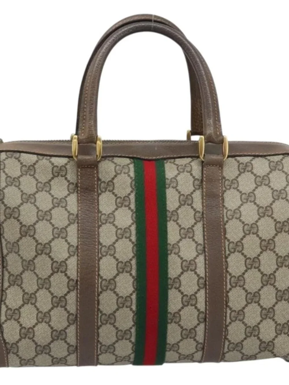 GUCCI GG Supreme Web Sherry Line Boston Bag PVC Beige 02 98 8 0468 Auth BAZ555
